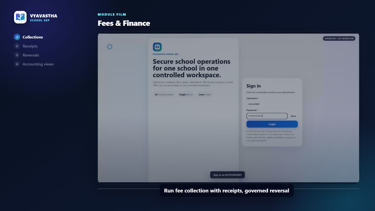 Vyavastha Fees and Finance interface